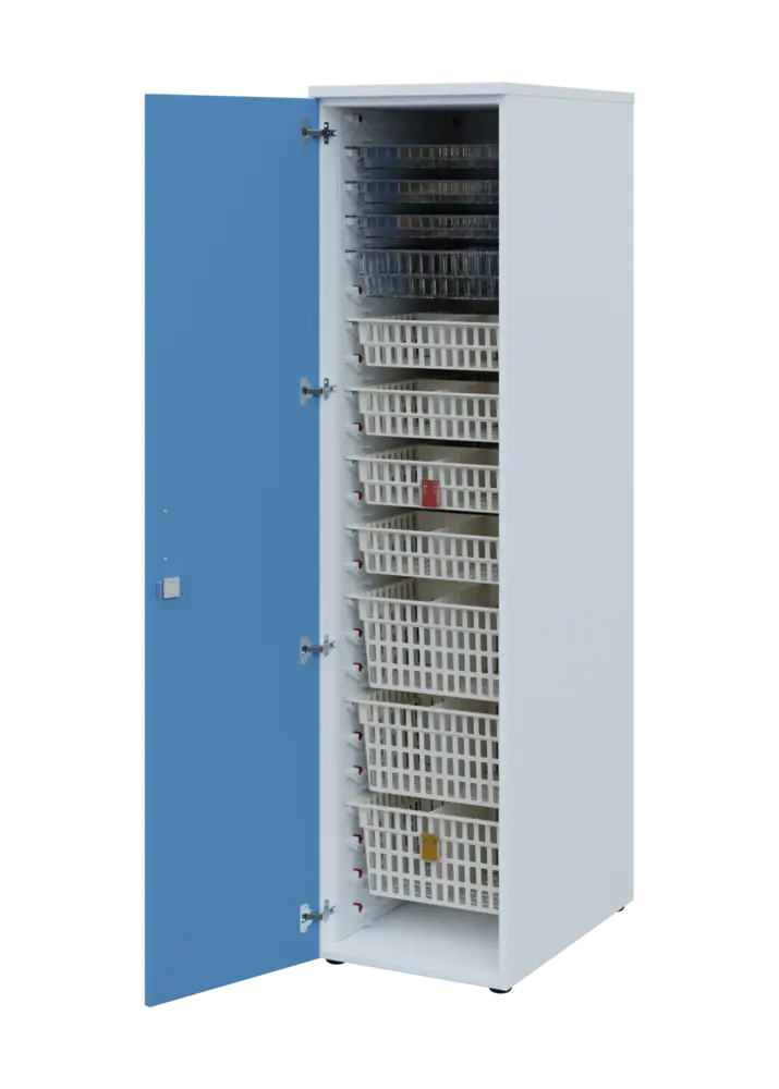 EUROMEDICA D - 46 skříň léková boxová, 1-dveřová, levá, 1950x460x735, korpus bílý, dvířka pastelově modrá